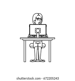 monochrome silhouette of woman with ponytail hair and sitting in chair in desk with computer vector illustration