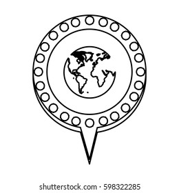monochrome silhouette of world map and circular speech with contour dotted and tail vector illustration