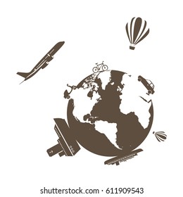 monochrome silhouette of world with means of transport around vector illustration