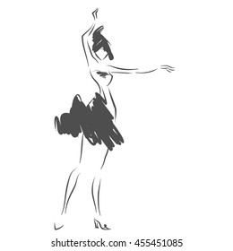 Monochrome silhouette of young girl. Luxury beautiful adult woman with perfect haircut in evening dress dances ballroom dance. Black and white vector, isolated drawing. Scribble, sketch style.  