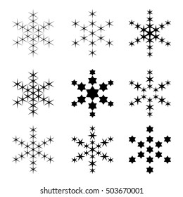 Monochrome silhouettes of decors for New Year. Isolated group of fractals. Winter collection of stars. Set of black snowflakes. Shapes, forms and patterns for merry Christmas. Xmas objects, symbols.