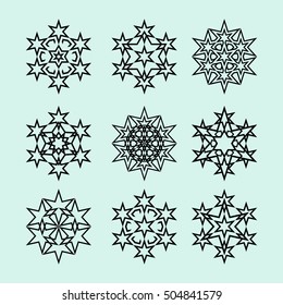 Monochrome silhouettes of decors for New Year. Isolated group of fractals. Winter collection of stars. Set of black snowflakes. Shapes, forms and patterns for merry Christmas. Xmas objects, symbols.