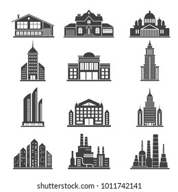Monochrome silhouettes of different modern buildings and others municipal architecture objects. Architecture building monochrome, silhouette home construction. Vector illustration