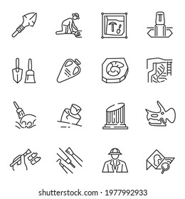 Monochrome simple archeology icon set vector illustration. Collection of outline antique civilization symbols isolated on white. Science, paleontology discovery, exploration and history expedition