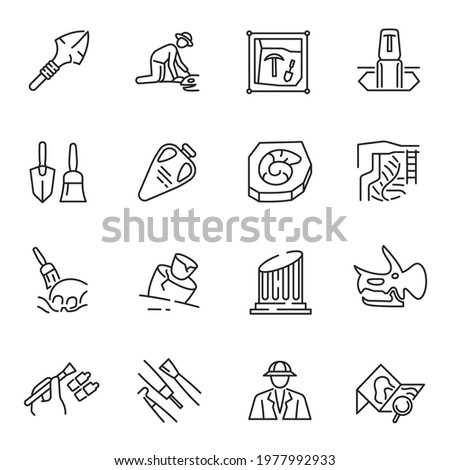 Monochrome simple archeology icon set vector illustration. Collection of outline antique civilization symbols isolated on white. Science, paleontology discovery, exploration and history expedition