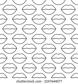 Einfarbiger, einfacher Hintergrund mit Lippen. Nahtlose Vektorgrafik mit einer schwarzen Rahmenlinie von Elementen auf weißem Hintergrund. Modekunst für moderne Originaldesigns, Drucke, Textilien, Stoffe, Tapeten.