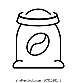 Monochrome Simple Bag Of Coffee Icon Vector Illustration. Linear Logo Sack With Seed For Preparing Hot Morning Beverage Isolated. Textile Package Design For Storage And Carrying Espresso Grains