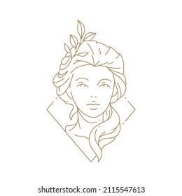 Monochrome simple bust portrait antique woman Greek goddess in hand drawn rhombus frame vector illustration. Linear logo medieval feminine with tree branch in hair isolated on white. Beauty care spa