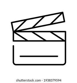 Ilustración monocroma simple del icono del clapperboard. Esbozar la producción de vídeo con logotipo lineal aislado en blanco. Equipo de acción de la escena de la película de la cámara corta aplauso del cine