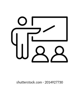 Monochrome simple classroom icon vector illustration. Linear logo teacher standing near blackboard explaining to pupils isolated on white. Business training, lecture, presentation, school seminar