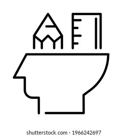 Monochrome simple creativity icon vector illustration. Linear logo innovation imagination with human head and stationery isolated. Creative mind, clever progressive idea, intelligent invention