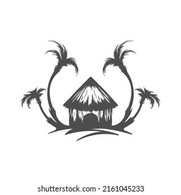 Monochrome simple emblem exotic bungalow curved palm trees at ocean island silhouette vector illustration. Minimalist tropical resort straw bamboo house camping travel tourism destination isolated