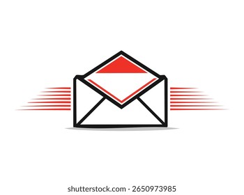 Monochrome simple envelope message red and black icon vector illustration. Incoming, sending, receive new mail envelope letter with trail isolated. 