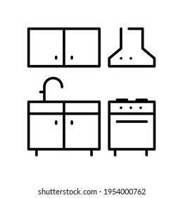 Monochrome simple kitchen icon vector illustration. Contoured cuisine cabinets, sink, stove and hood isolated on white. Linear furniture and equipment for cooking of dining room design interior