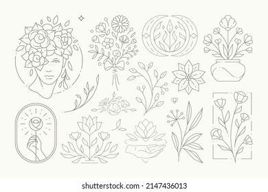 Logo simple monocromo colección femenina botánica esotérica emblema lineal para el diseño decorativo tarjeta de saludo, invitación a la boda, huerta, mercado de flores, ilustración vectorial de belleza