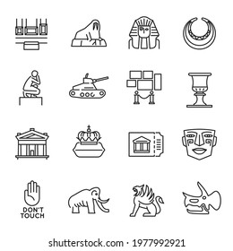 Monochrome simple museum art monuments icon set vector illustration. Collection of outline symbols of historical, antique treasure and culture isolated. Exhibition showpiece of ancient civilization