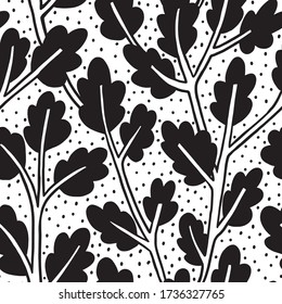 Monochrome simple natural pattern with oak branches and leaves. Vector abstract natural repeated background.
