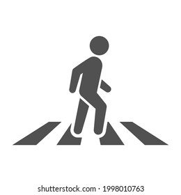 Monochrome simple pedestrian crossing icon vector flat illustration. Crosswalk zebra logo isolated on white. Human walking on safety part of traffic street. Urban marking for going on road