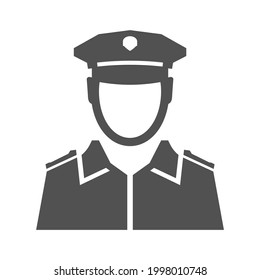 Monochrome simple police officer icon vector flat illustration. Portrait of policeman in uniform logo isolated. Security agent in cap for control crime safety protection. Male professional guard