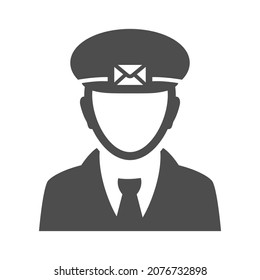 Monochrome Simple Postman Icon Vector Illustration. Delivery Men In Cap With Envelope Wearing Tie Isolated On White. Portrait Avatar Courier Postal Express Delivery. Professional Post Carrier Shipment