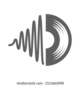 Monochrome simple record icon with retro analogue vinyl plate and voice wave graph vector illustration. Minimalist multimedia disco entertainment production studio music acoustic creation playing