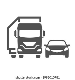 Monochrome simple road transport icon vector flat illustration. Logo of truck and passenger car movement traffic isolated on white. Front view wheel transportation moving on asphalt road highway