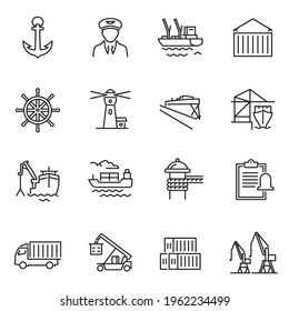 Monochrome simple sea port icon set vector illustration. Collection linear logo of equipment for shipping industry isolated. Seaport with freight vessels, logistics, cargo containers, warehouse