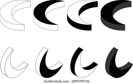 Monochrome and simple top-side, left-side isometric style crescent icon illustration set