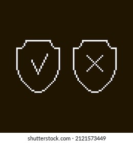 monochrome simple vector flat pixel art set of two white shields with tick and cross icons on it