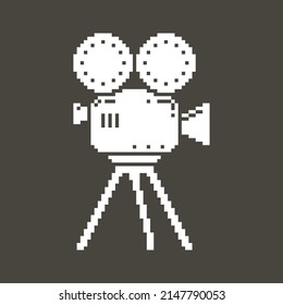 monochrome simple vector flat pixel art icon of classic tripod camera with reels