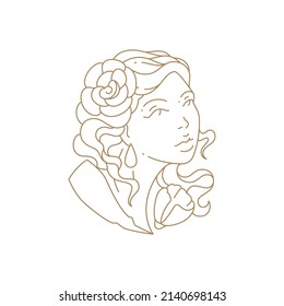 Monochrome simple woman with flower in hair bust art deco icon vector illustration. Contoured logo female antique pretty goddess statue portrait isolated on white. Minimalist beauty salon logotype