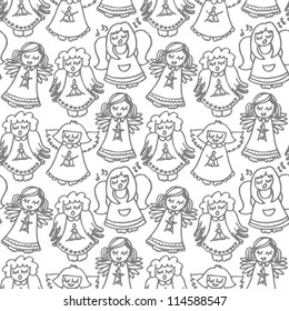 monochrome singing angels on white background seamless pattern