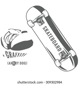 Monochrome skateboard and hand drawn graffiti with it, vector illustration