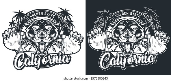 Monochrome skateboarding summer print with ferocious black panther head palm trees and animal claws holding skateboard in vintage style isolated vector illustration