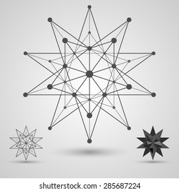 Monochrome skeleton of connected lines and dots. Great stellated dodecahedron stereometric element. Vector illustration.