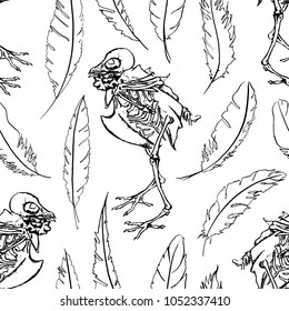 Monochrome skeleton dove pigeon feather bird animal ink line art seamless pattern texture background vector
