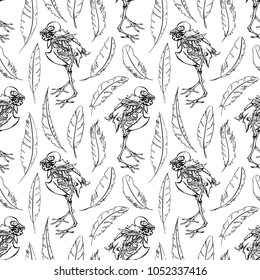 Monochrome skeleton dove pigeon feather bird animal ink line art seamless pattern texture background vector
