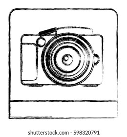 monochrome sketch of analog photo camera in square frame vector illustration