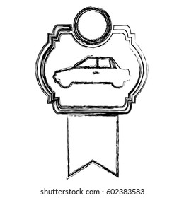 monochrome sketch of automobile of side view in heraldic frame with ribbon vector illustration