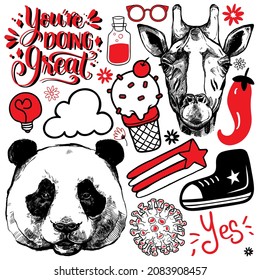 Monochrome sketch background with cool stickers of crazy animals panda and giraffe. Funny doodle characters, fictional, fantasy creatures for Halloween backgrounds. Vector set of mutants.