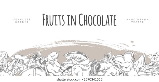 Monochrome sketch banner with seamless bottom border of fruits in hot chocolate. Fondue with kiwi, banana, apple and pineapple pieces. Vintage engraving. Hand drawn vector illustration. Text.