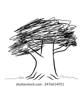 Monochrome sketch of big tree with scribbled leaves branches on white background