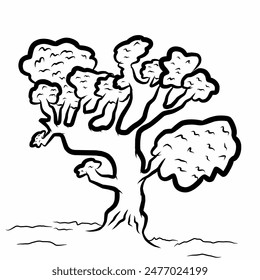 Monochrome sketch of big tree with scribbled leaves branches on white background