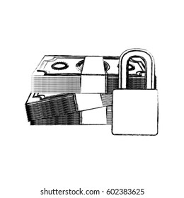 monochrome sketch of bills and coins with padlock protection vector illustration