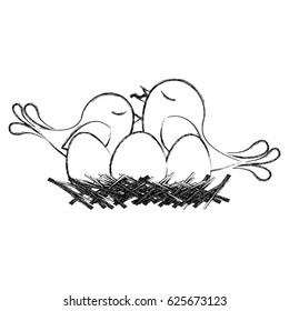 monochrome sketch of bird in nest with eggs and chick vector illustration
