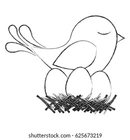monochrome sketch of bird in nest with eggs vector illustration