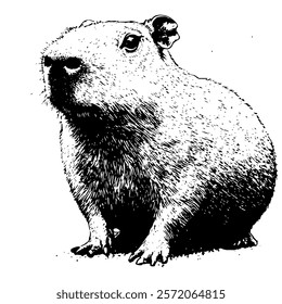 monochrome sketch of a capybara with detailed fur texture, ideal for animal lovers and rustic designs