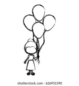 monochrome sketch of caricature faceless girl with dress and many balloons vector illustration