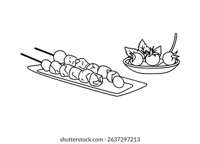 Monochrome Sketch Of Chicken Satay Skewers And Tomato Garnish Serving Platter