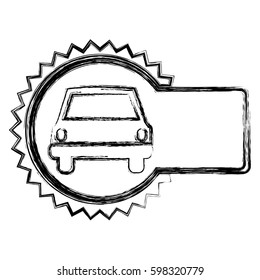 monochrome sketch of circular emblem with automobile in front view vector illustration